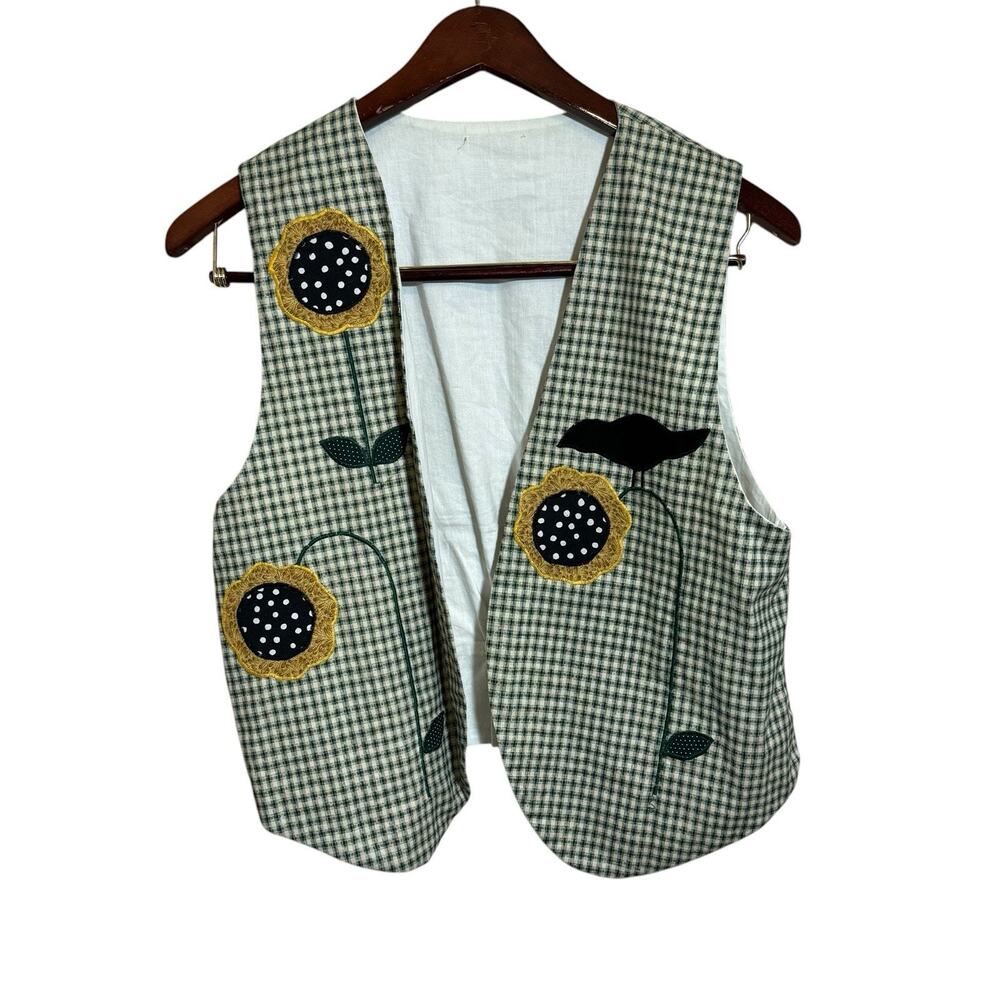 Vintage Women’s Sunflower Raven Crow Accents Vest Size Med/Large Gingham